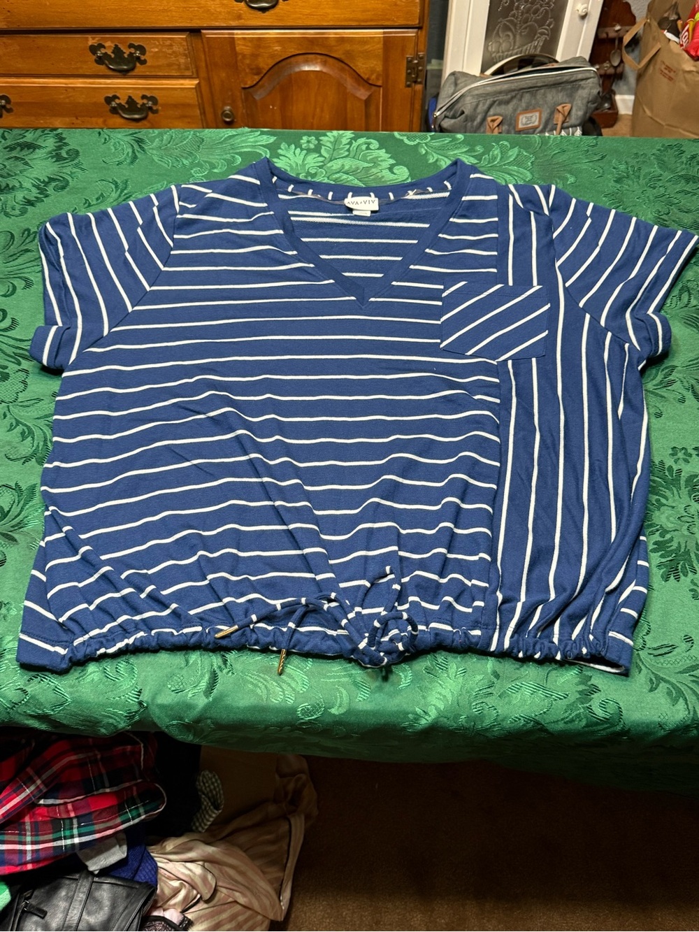 Ava & Viv Navy and White Striped V-Neck Drawstring Tee NWOT - Picture 3 of 8
